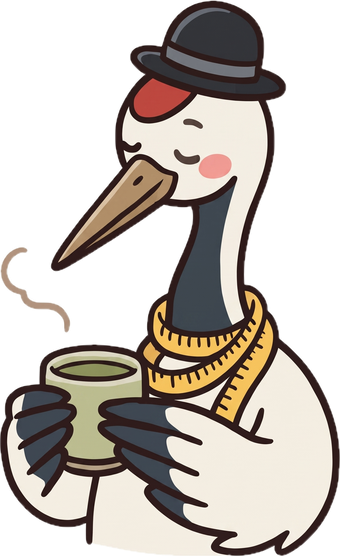 コーヒーを持って一息ついているコウノトリ